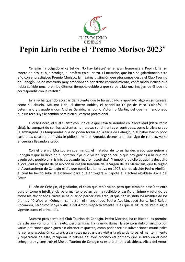 PEPÍN LIRIA recibe el "PREMIO MORISCO 2023"